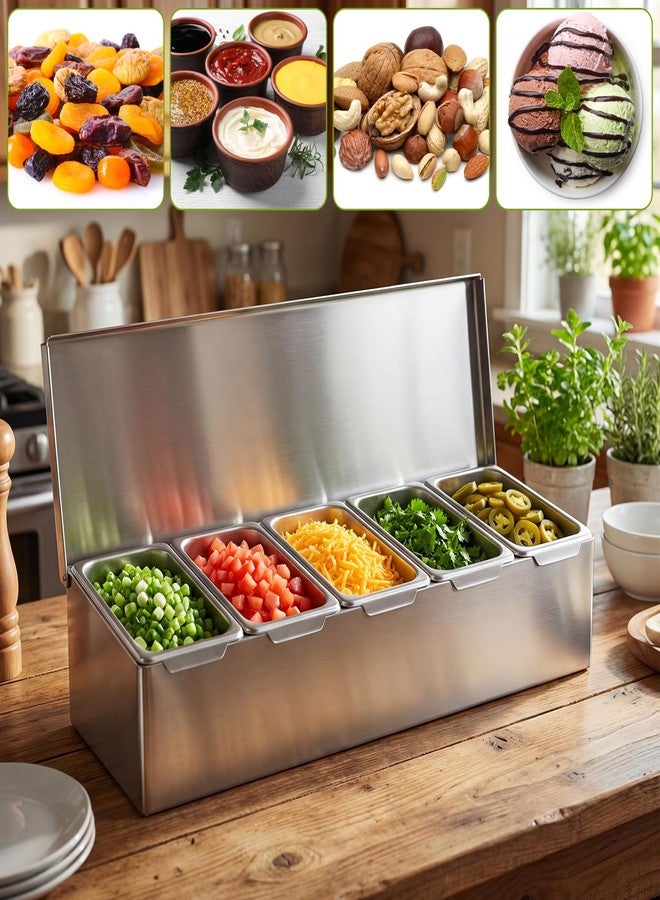 Ferrochef 5 Compartments Stainless Steel Chilled Condiment Tray, Garnish Tray with 5 Removable Compartments, Condiment Dispenser with Lid, Fruit Serving Containers - Image 4