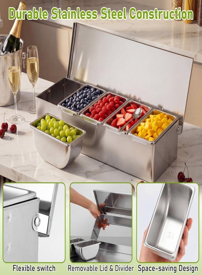 Ferrochef 5 Compartments Stainless Steel Chilled Condiment Tray, Garnish Tray with 5 Removable Compartments, Condiment Dispenser with Lid, Fruit Serving Containers - Image 5