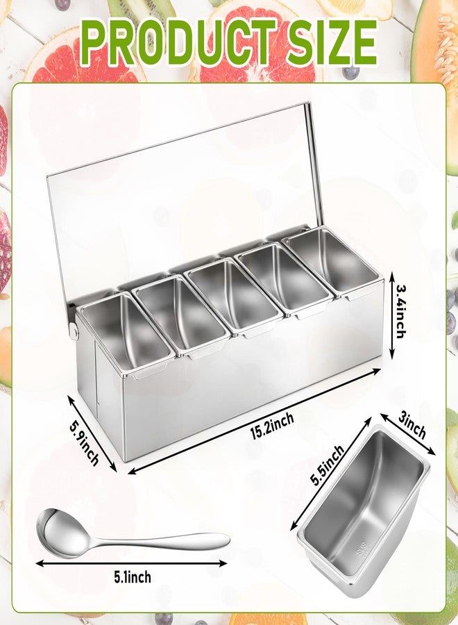 Ferrochef 5 Compartments Stainless Steel Chilled Condiment Tray, Garnish Tray with 5 Removable Compartments, Condiment Dispenser with Lid, Fruit Serving Containers - Image 2