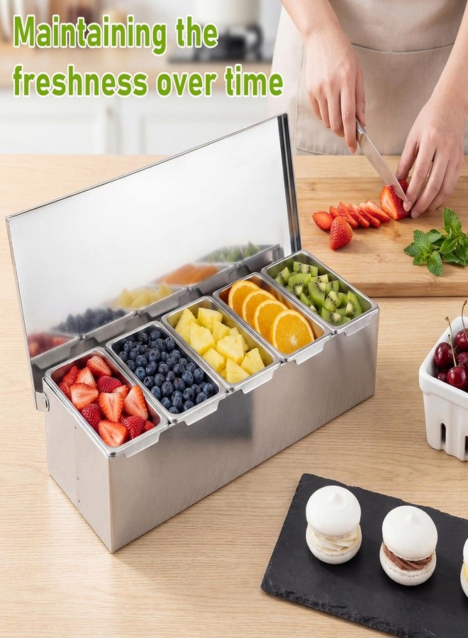 Ferrochef 5 Compartments Stainless Steel Chilled Condiment Tray, Garnish Tray with 5 Removable Compartments, Condiment Dispenser with Lid, Fruit Serving Containers - Image 3