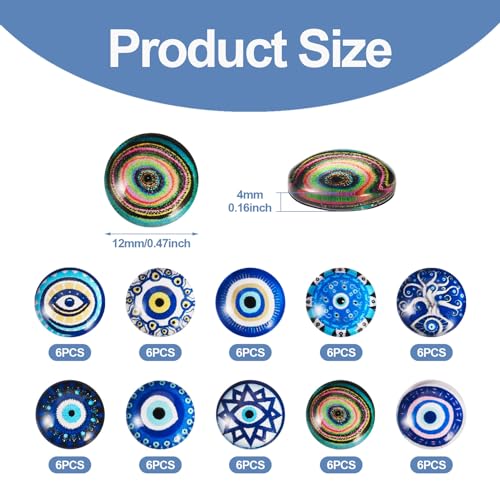 BB Beadthoven Beadthoven 60Pcs 12mm Evil Eye Glass Cabochons 10 Styles Half Round Glass Cabochons Blue Flatback Evil Eye Domes Beads for DIY Crafts Scrapbooking Necklace Earrings Bracelet Ring Jewelry Making - Image 3