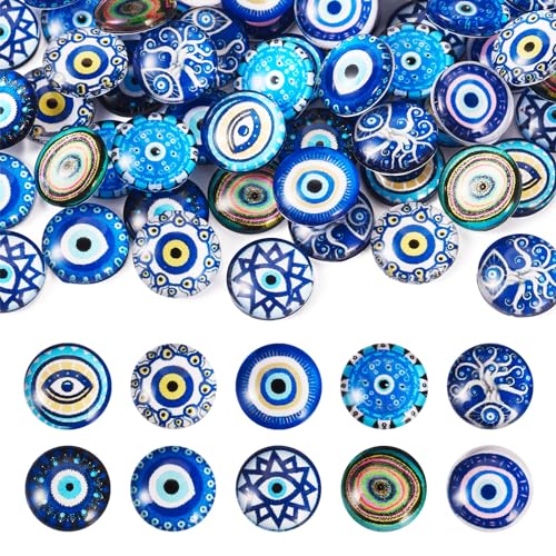 BB Beadthoven Beadthoven 60Pcs 12mm Evil Eye Glass Cabochons 10 Styles Half Round Glass Cabochons Blue Flatback Evil Eye Domes Beads for DIY Crafts Scrapbooking Necklace Earrings Bracelet Ring Jewelry Making - Image 1