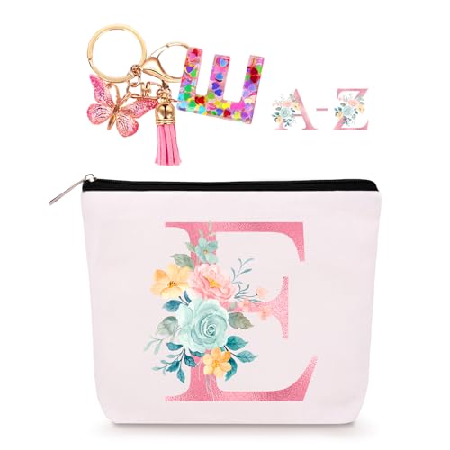 Lingdeer Personalized Makeup Bag with Initial Keychain, Custom Initial Monogram Small Travel Cosmetic Toiletry Bag, Birthday Gifts for Women Bridesmaid Teacher (E) - Image 1