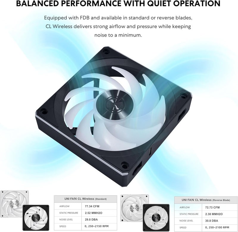 ليان لي مروحة ليان لي UNI Fan CL120 ARGB PWM - حزمة فردية - تحكم مروحة RGB ومروحة علبة الكمبيوتر بإشارة لاسلكية 2.4 جيجاهرتز - محمل FDB 28 مم - سلسلة ديزي - ضوضاء منخفضة - لا تتضمن وحدة تحكم ومطلوبة - أسود (12CL1W1B) - Image 2