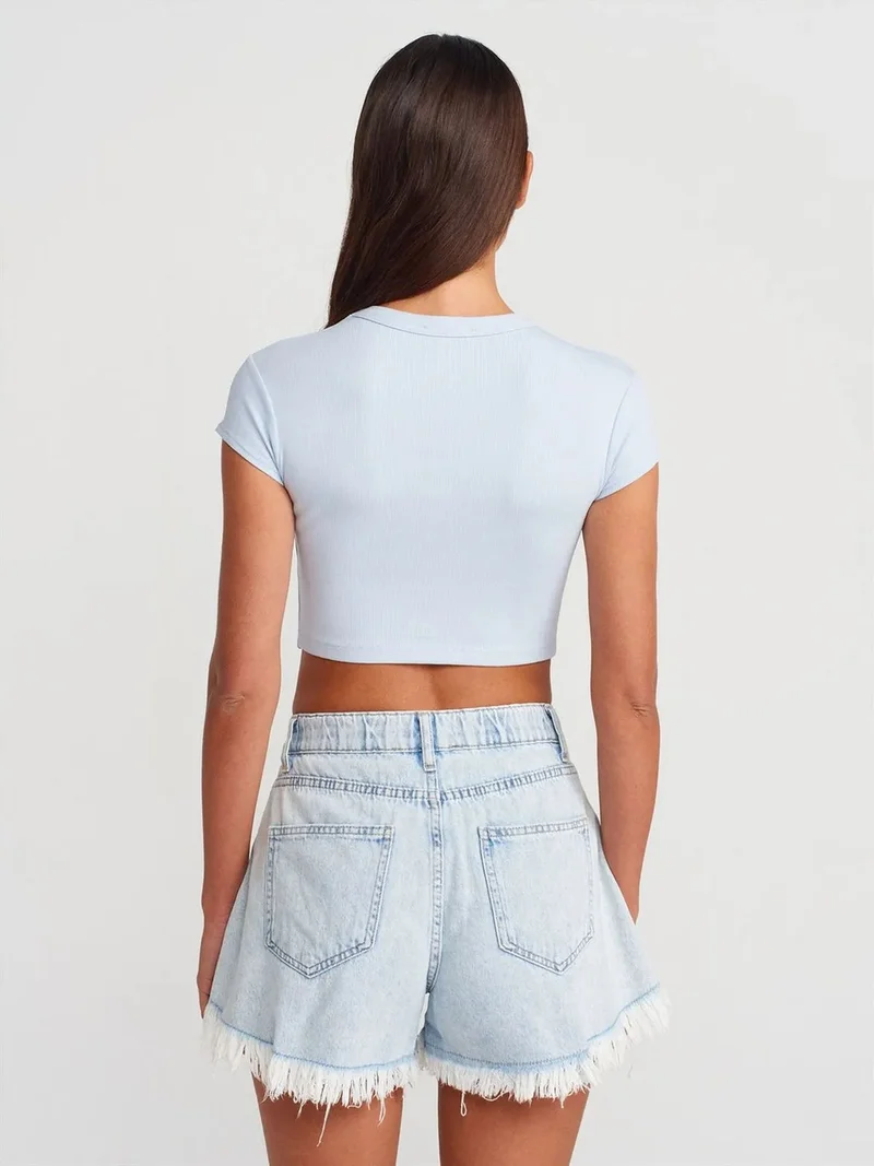 ديلفين Dilvin Women's Slim Fit Crop Crew Neck T-Shirt