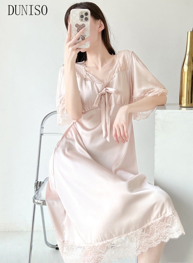DUNISO Women's Nightgowns Lace Short Sleeve Sleep Dress Sweet Silk Pajama Sleepwear Girls Comfortable Satin Lingerie V Neck Nightwear Summer Home Wear Lounge Dress - Image 5
