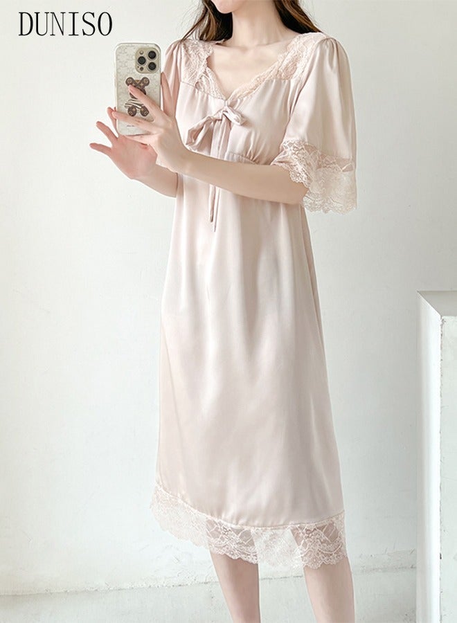 DUNISO Women's Nightgowns Lace Short Sleeve Sleep Dress Sweet Silk Pajama Sleepwear Girls Comfortable Satin Lingerie V Neck Nightwear Summer Home Wear Lounge Dress - Image 3