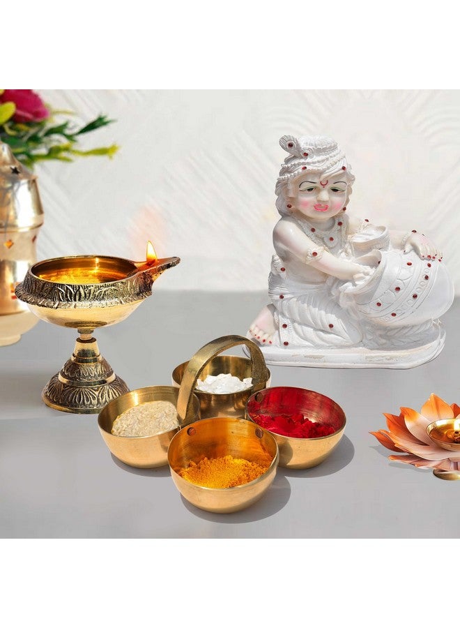 Pure Source India Pure Brass Small Pooja Roli, Chawal, Haldi, Kumkum Katori/Chawmukh with Handle for Home Mandir (8.5 X 8.5 CM) (Gold) (20 ml) - Image 2