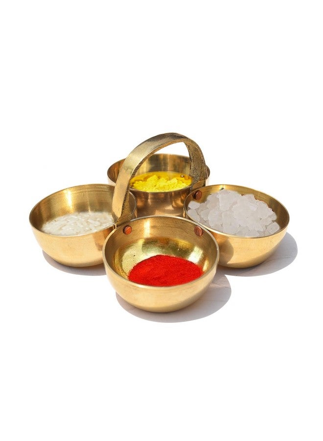 Pure Source India Pure Brass Small Pooja Roli, Chawal, Haldi, Kumkum Katori/Chawmukh with Handle for Home Mandir (8.5 X 8.5 CM) (Gold) (20 ml) - Image 1