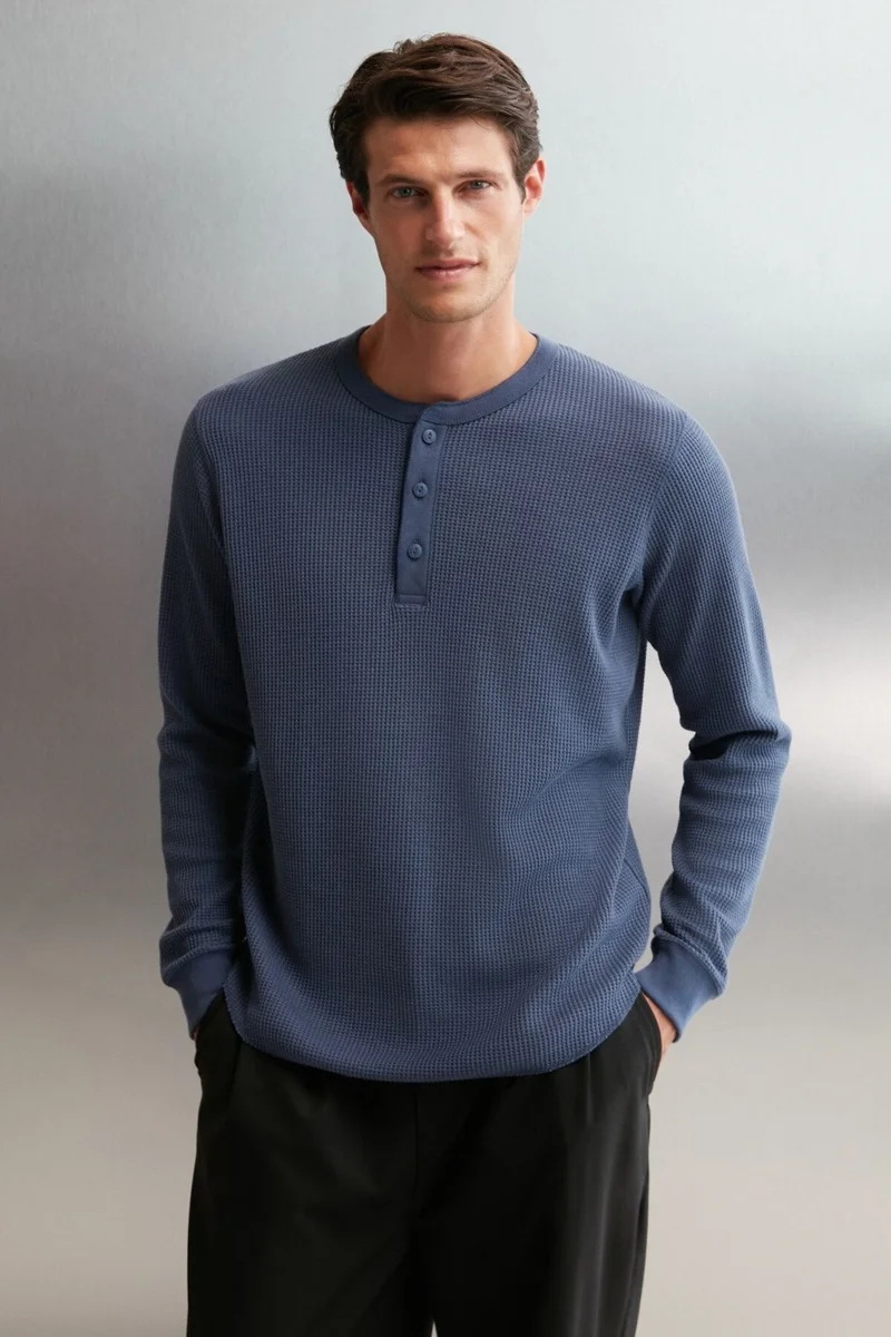 GRIMELANGE Patrick Men's Knitwear Waffle Special Texture Thick Premium Fabric Button Detailed Indigo T-shirt