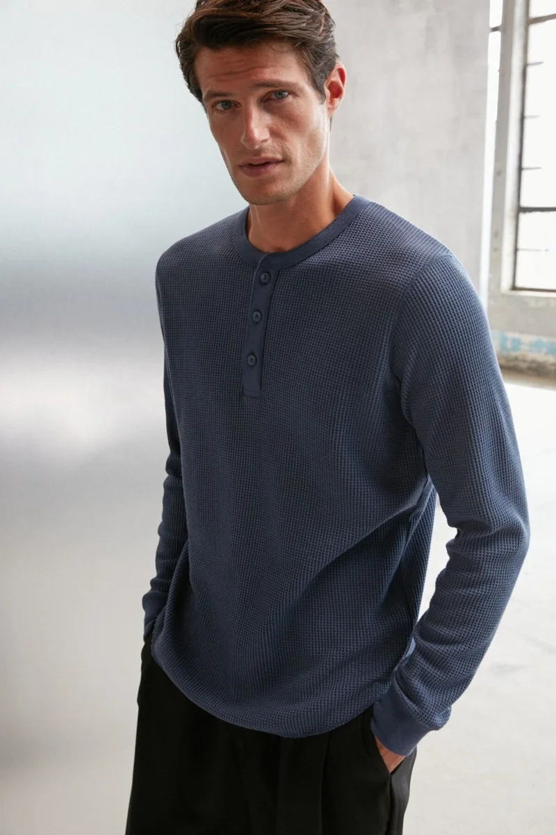 GRIMELANGE Patrick Men's Knitwear Waffle Special Texture Thick Premium Fabric Button Detailed Indigo T-shirt