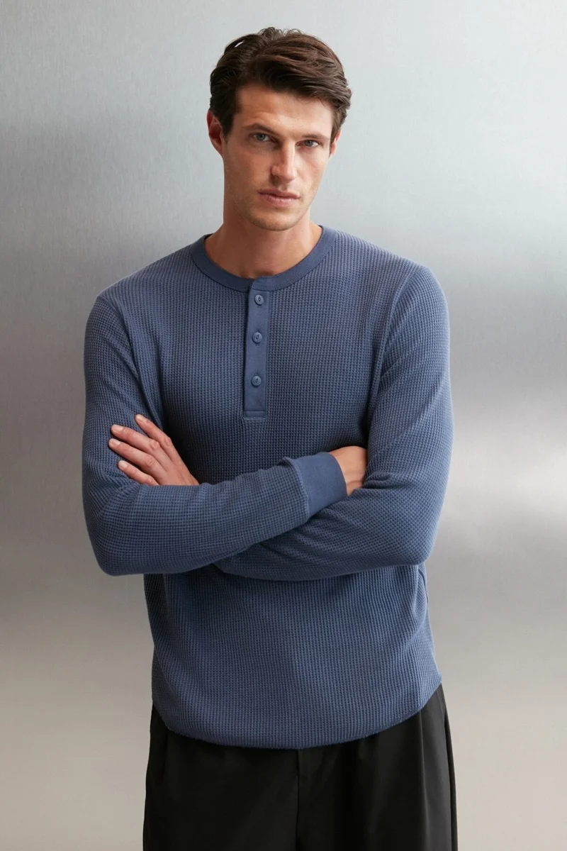 GRIMELANGE Patrick Men's Knitwear Waffle Special Texture Thick Premium Fabric Button Detailed Indigo T-shirt