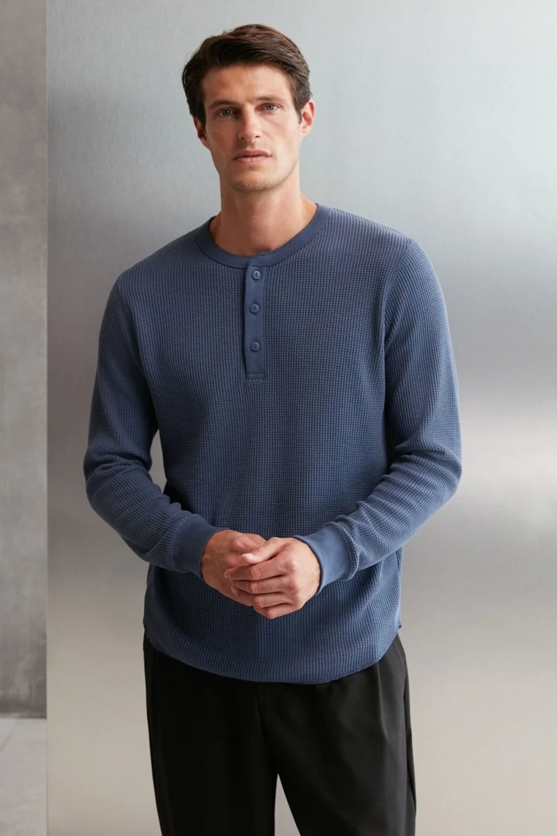 GRIMELANGE Patrick Men's Knitwear Waffle Special Texture Thick Premium Fabric Button Detailed Indigo T-shirt