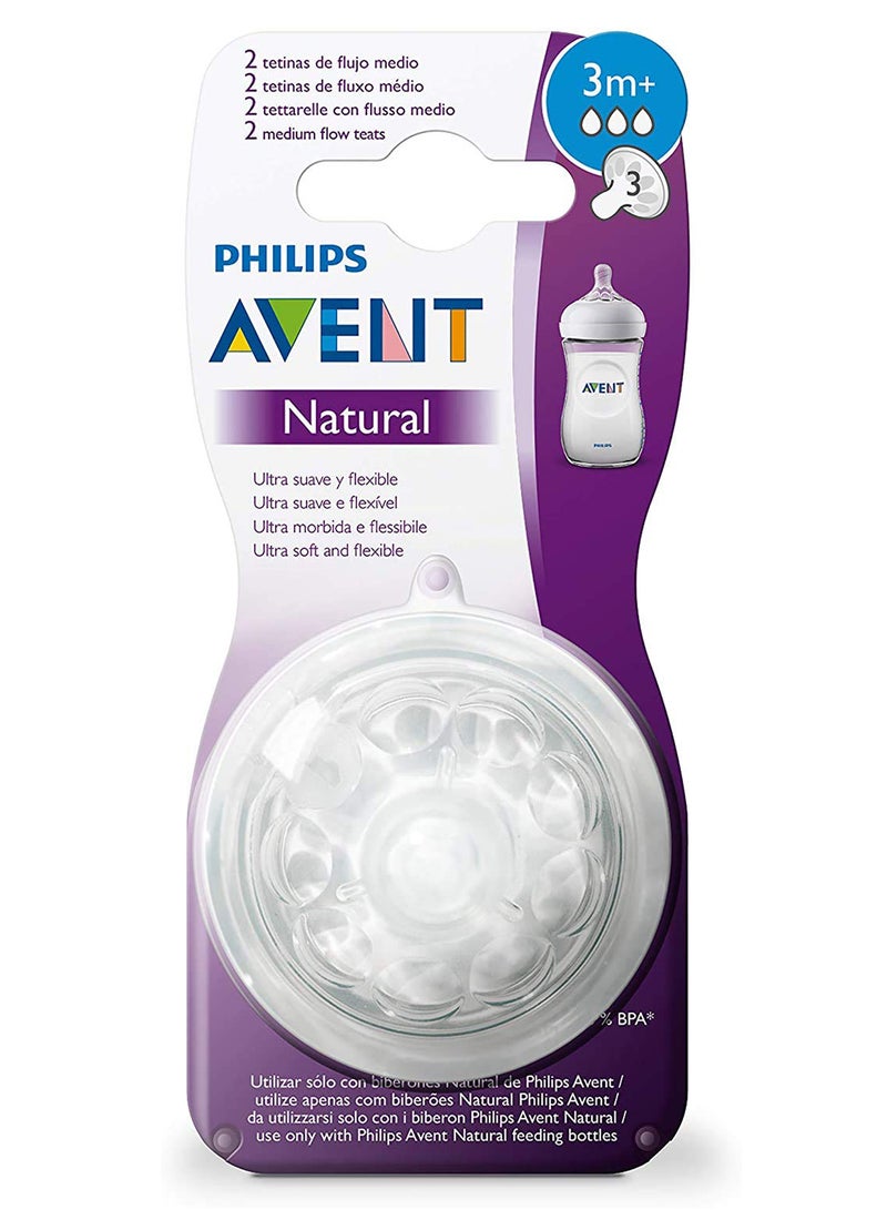 Philips Avent Pack Of 2 Natural 2.0 Baby Feeding Teats 3M+ - Clear - Image 2