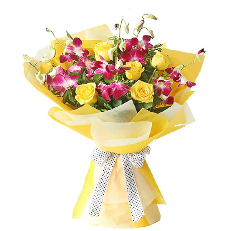 EG2i 5 Yellow Roses And 5 Purple Orchid With Green Fillers Wrapping With Yellow And White Paper With White Ribbon - Image 1
