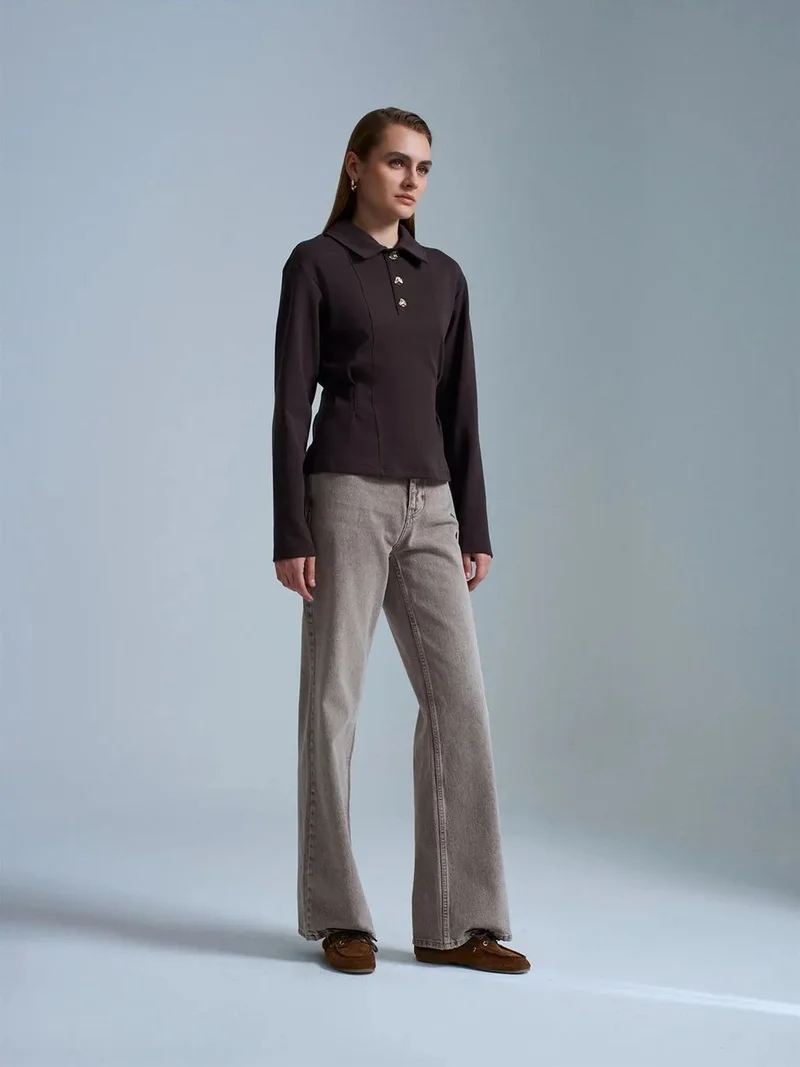 ديلفين DILVIN Fitted Long-Sleeve Polo Blouse