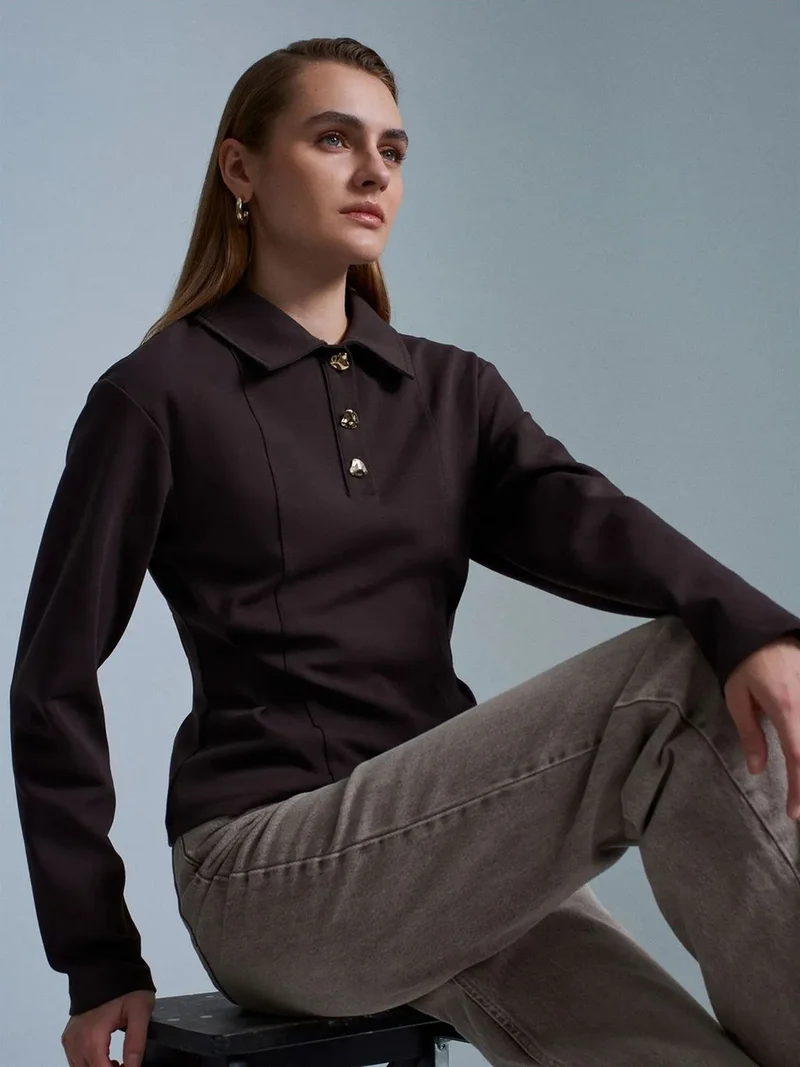 ديلفين DILVIN Fitted Long-Sleeve Polo Blouse