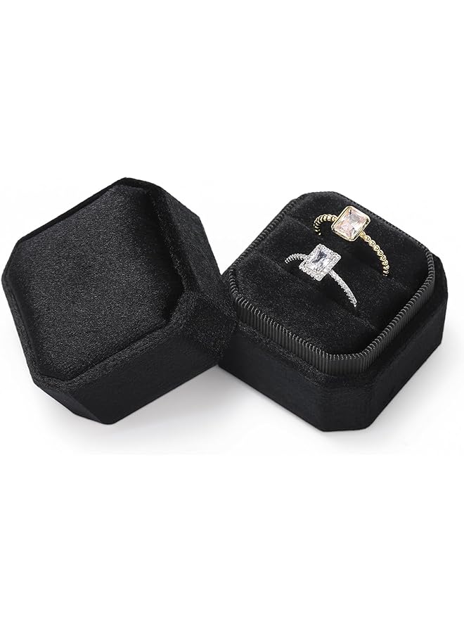 The Bros Velvet Ring Box, Octagon Velvet Jewelry Ring Box Storage 2 Slots Ring Holder Box for Proposal, Engagement, Wedding Ceremony (Black)  - Image 1