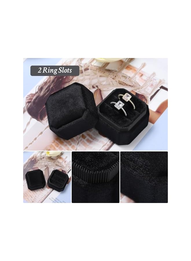 The Bros Velvet Ring Box, Octagon Velvet Jewelry Ring Box Storage 2 Slots Ring Holder Box for Proposal, Engagement, Wedding Ceremony (Black)  - Image 2