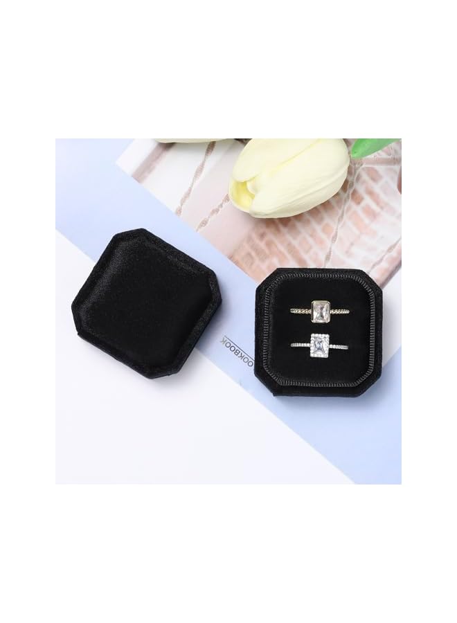 The Bros Velvet Ring Box, Octagon Velvet Jewelry Ring Box Storage 2 Slots Ring Holder Box for Proposal, Engagement, Wedding Ceremony (Black)  - Image 4