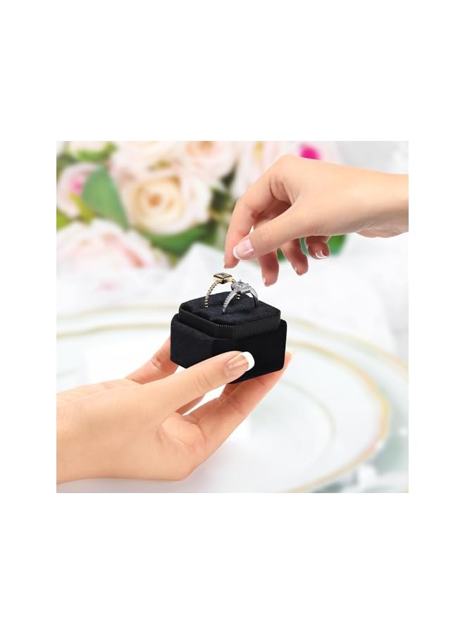 The Bros Velvet Ring Box, Octagon Velvet Jewelry Ring Box Storage 2 Slots Ring Holder Box for Proposal, Engagement, Wedding Ceremony (Black)  - Image 3