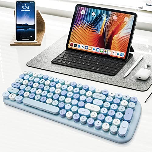 MOFII Bluetooth Wireless Keyboard for iPad, Laptop, PC, Mac, Smartphone, Connect 3 Bluetooth Devices, Cute Colorful Round Keys Retro Aesthetic Keyboard - Blue - Image 2