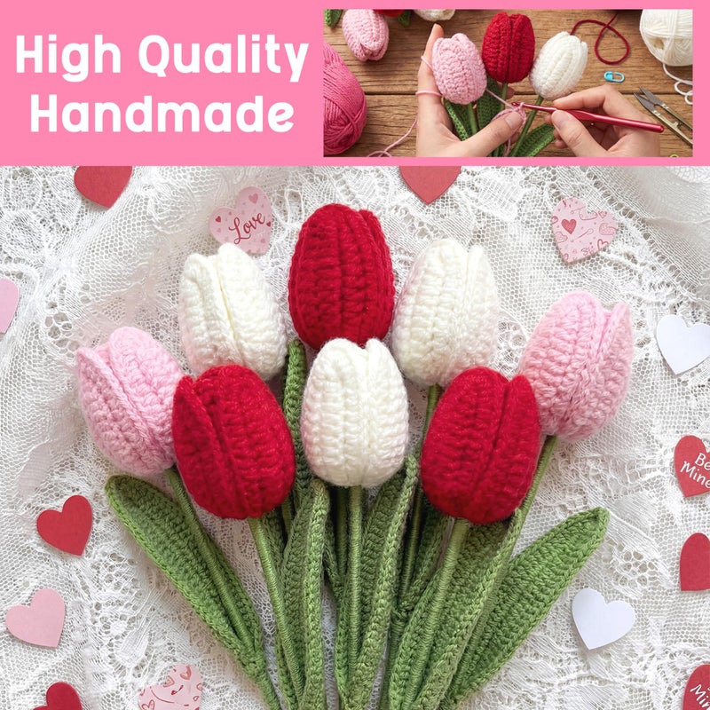 Maysing Crochet Flower Bouquet Valentines Knitted Tulip Flower Teacher Appreciation for Mom Wife Women Crochet Tulip Flowers Bouquets for Valentine's Day Gift Decor - Image 2