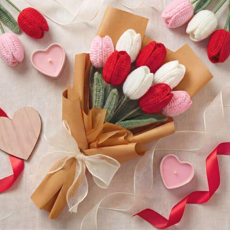 Maysing Crochet Flower Bouquet Valentines Knitted Tulip Flower Teacher Appreciation for Mom Wife Women Crochet Tulip Flowers Bouquets for Valentine's Day Gift Decor - Image 1