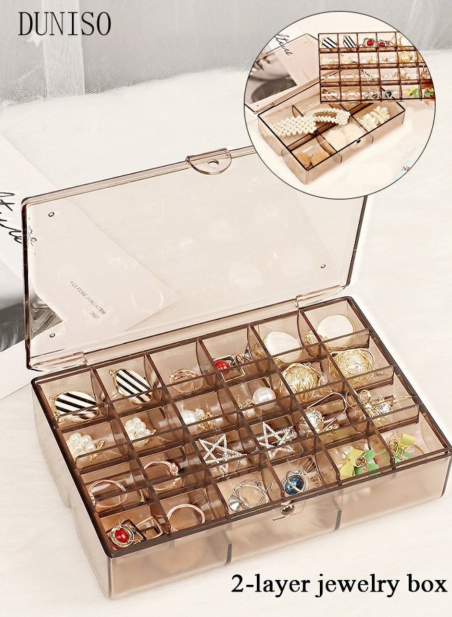 DUNISO Clear Plastic Small Jewelry Organizer 2-Layers Large Capacity Jewelry Storage Box with Lid and 30 Compartments for Hair Accessories & Beauty Supplies Earrings Necklaces Bracelets - Image 1