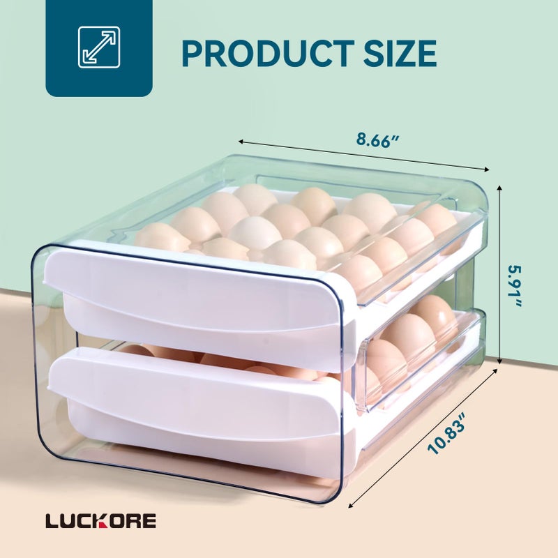Luckore Egg Container Holders Dispenser for Refrigerator 40 Eggs, 2 Tier Clear Stackable Holder Tray with Drawer for Fridge, Storage Container with Handles for Refrigerator, Countertop - Image 4