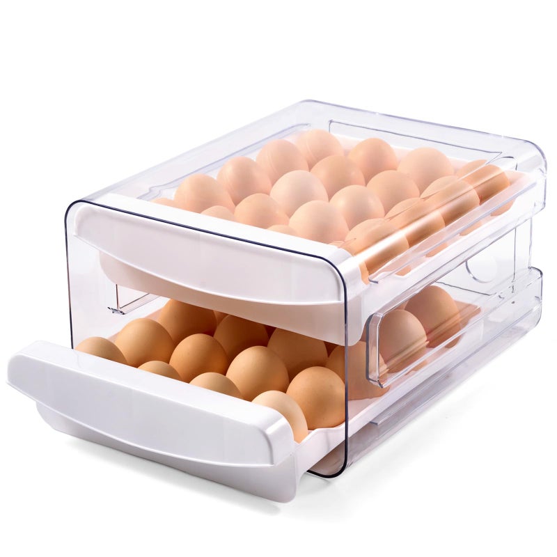 Luckore Egg Container Holders Dispenser for Refrigerator 40 Eggs, 2 Tier Clear Stackable Holder Tray with Drawer for Fridge, Storage Container with Handles for Refrigerator, Countertop - Image 1
