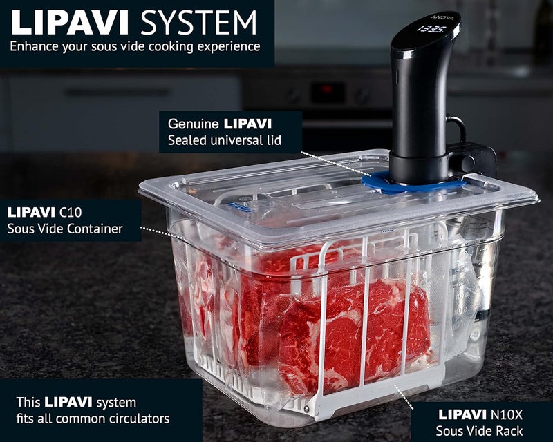 LIPAVI Sous Vide Container Kit (NXC10-UNIR) Compatible with Anova All Models – 12 L Polycarbonate Container with Removable Rack & Universal Sealed Lid – Immersion Circulator Not Included - Image 3