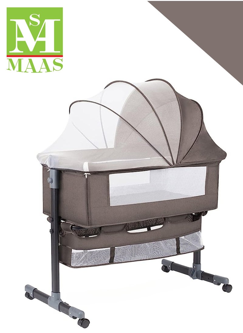 MAAS - 3 in 1 Baby Bedside Crib with Wheels and Adjustable Height with Mosquito Net and Large Storage Bag - Image 1