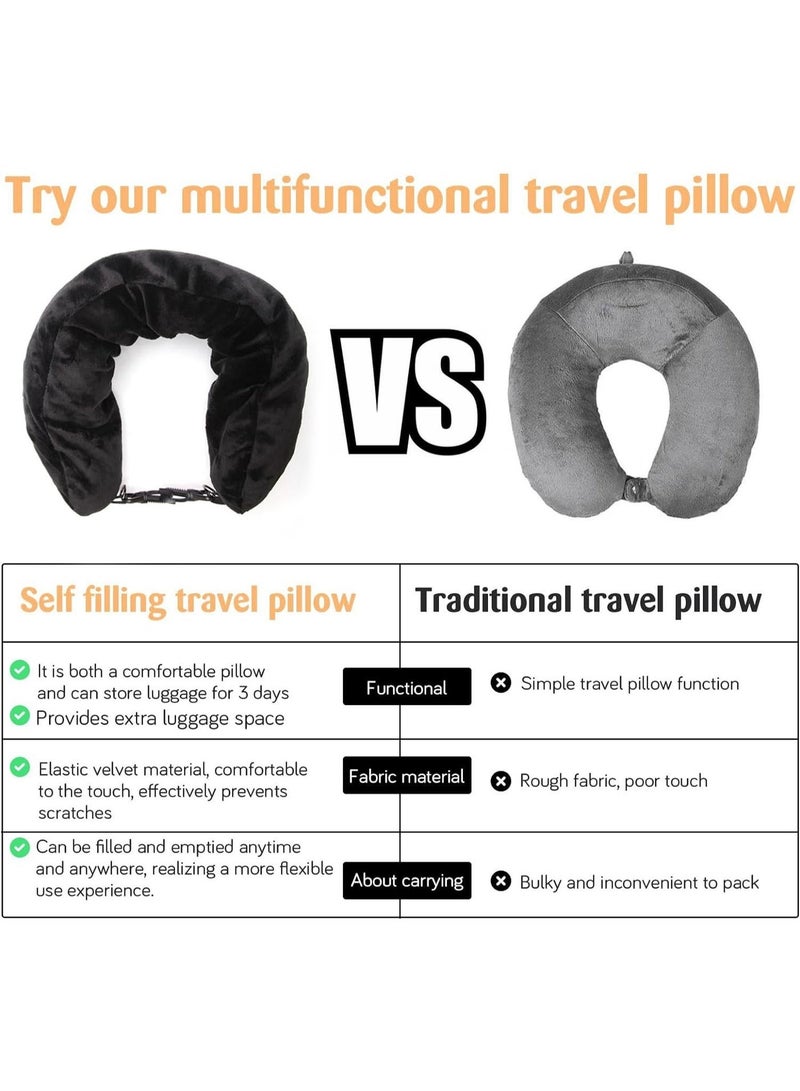 وسادة سفر قابلة للحشو – وسادة رقبة ناعمة ومخملية للسفر، قابلة للتعديل وتستخدم لتخزين الملابس – تتسع لاحتياجات 3 أيام، مثالية للسيارة أو الطائرة أو القطار، بدون حشو داخلي - Image 2