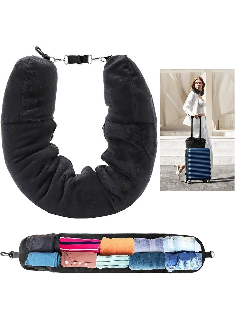 وسادة سفر قابلة للحشو – وسادة رقبة ناعمة ومخملية للسفر، قابلة للتعديل وتستخدم لتخزين الملابس – تتسع لاحتياجات 3 أيام، مثالية للسيارة أو الطائرة أو القطار، بدون حشو داخلي - Image 1
