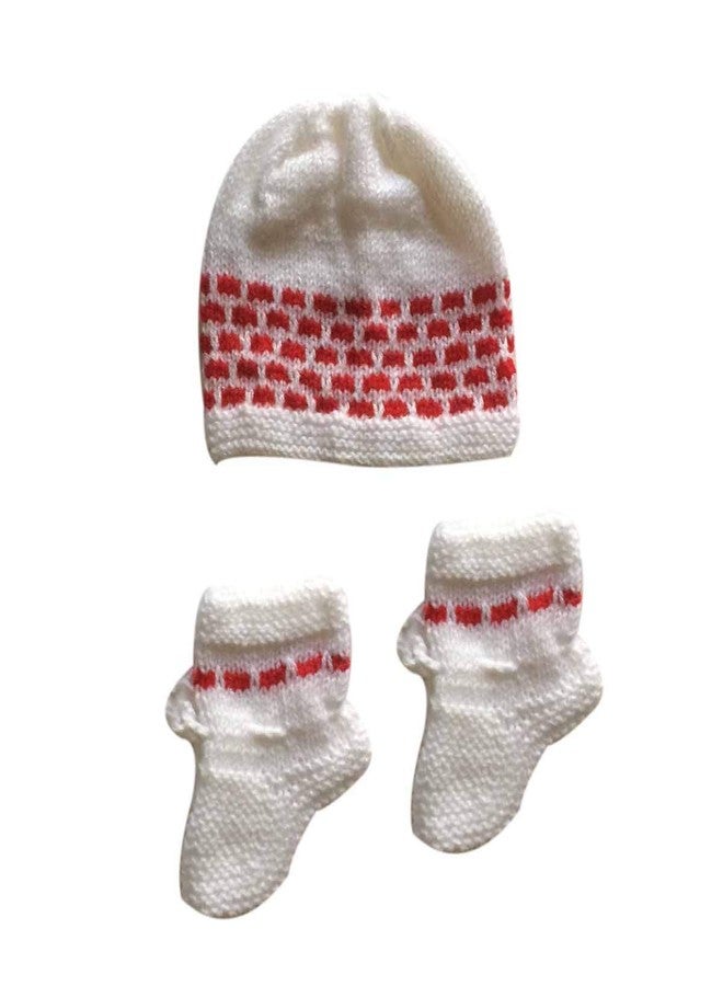 Cute Collection Hand Made Front Open Woolen Sweater with Cap & Booties Set for 0-3 Months New Born Baby Color White & Red - Image 5