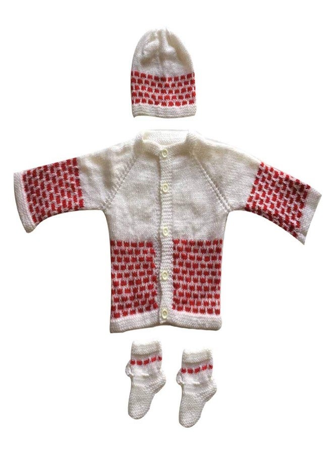 Cute Collection Hand Made Front Open Woolen Sweater with Cap & Booties Set for 0-3 Months New Born Baby Color White & Red - Image 1