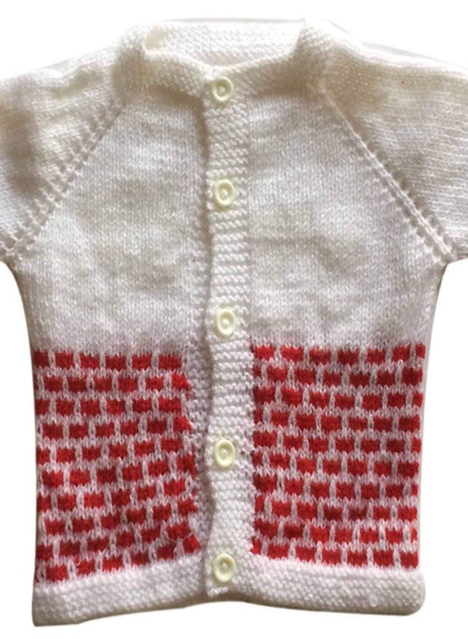Cute Collection Hand Made Front Open Woolen Sweater with Cap & Booties Set for 0-3 Months New Born Baby Color White & Red - Image 3