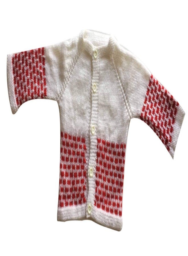 Cute Collection Hand Made Front Open Woolen Sweater with Cap & Booties Set for 0-3 Months New Born Baby Color White & Red - Image 2