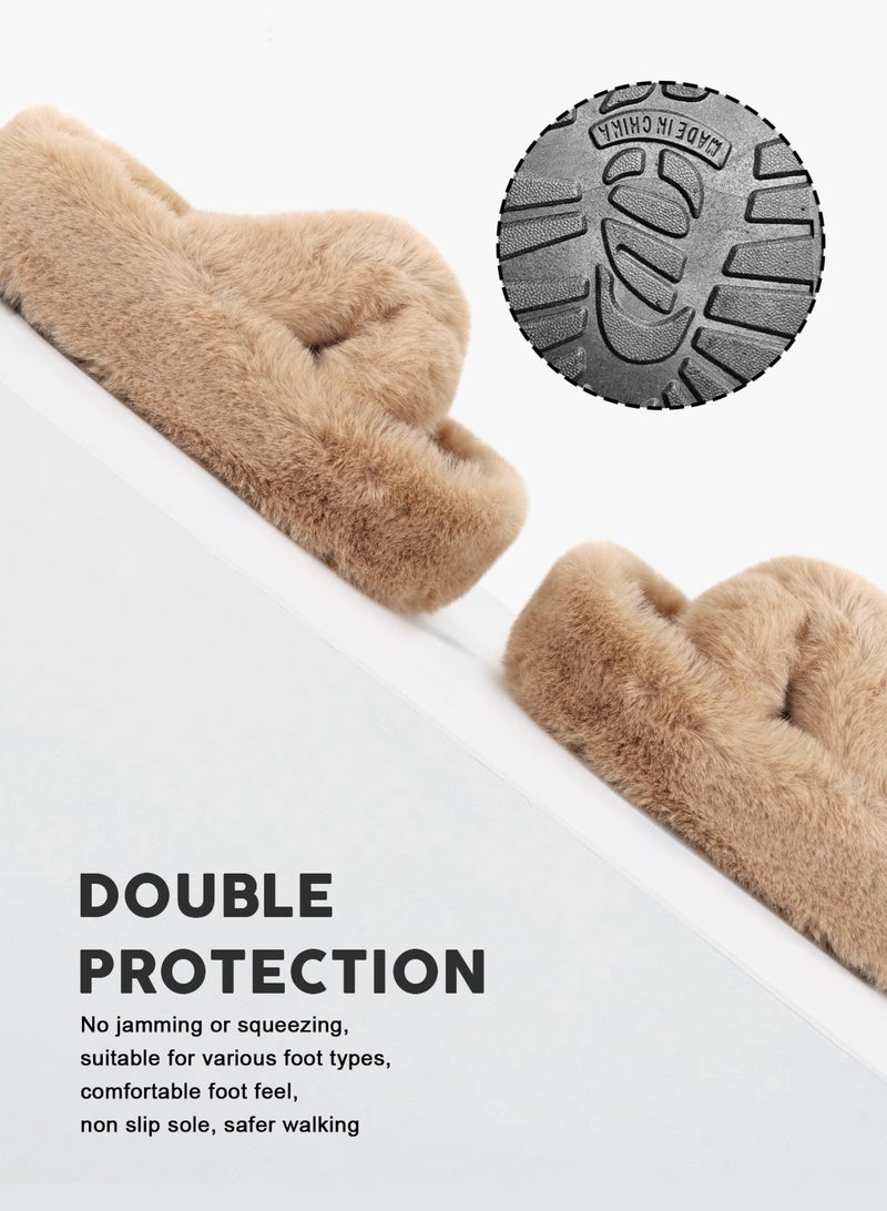 HomarKet Women's Fluffy Slippers Solid Color Platform Slippers - Casual Winter Shoes Slippers, Stylish Cross Band Fluffy Slippers, Comfortable Indoor House Slip Ons Slippers - Plush Fleece Lining,Anti-Slide Open Toe House Slippers- Perfect Gift for Family and Friends,Brown - Image 3