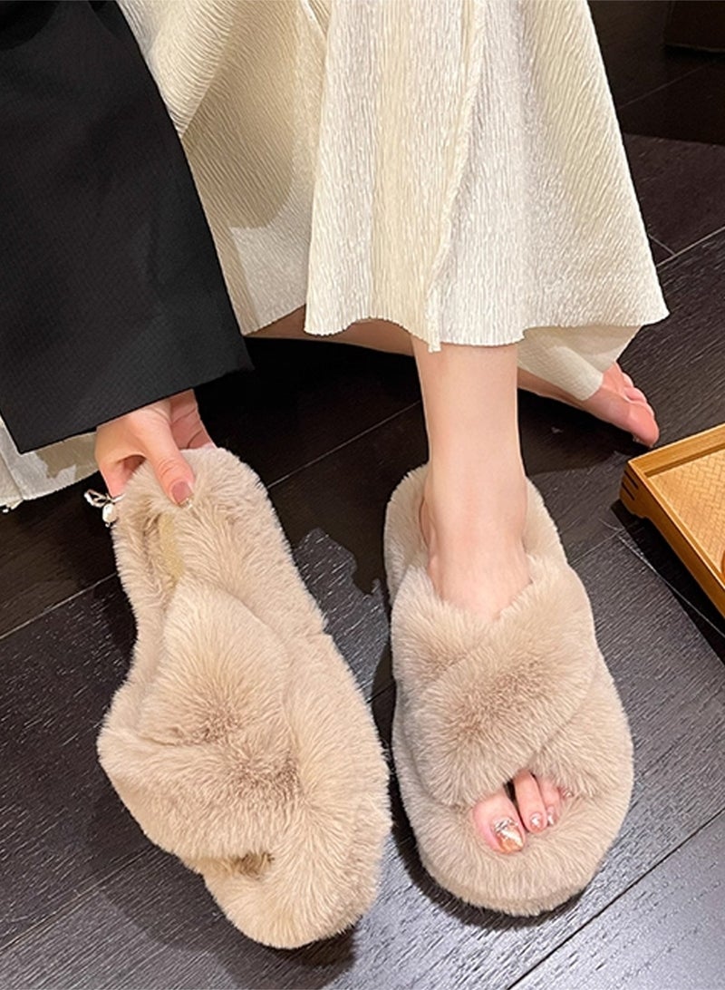 HomarKet Women's Fluffy Slippers Solid Color Platform Slippers - Casual Winter Shoes Slippers, Stylish Cross Band Fluffy Slippers, Comfortable Indoor House Slip Ons Slippers - Plush Fleece Lining,Anti-Slide Open Toe House Slippers- Perfect Gift for Family and Friends,Brown - Image 5