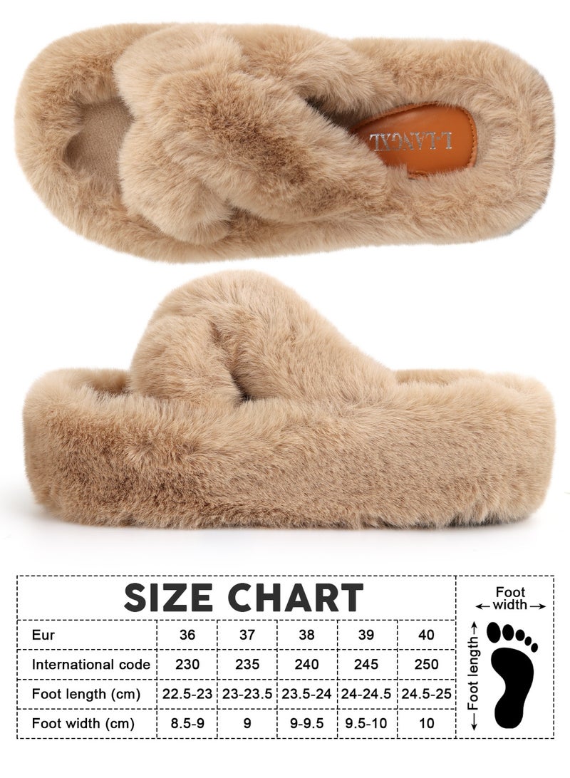 HomarKet Women's Fluffy Slippers Solid Color Platform Slippers - Casual Winter Shoes Slippers, Stylish Cross Band Fluffy Slippers, Comfortable Indoor House Slip Ons Slippers - Plush Fleece Lining,Anti-Slide Open Toe House Slippers- Perfect Gift for Family and Friends,Brown - Image 2
