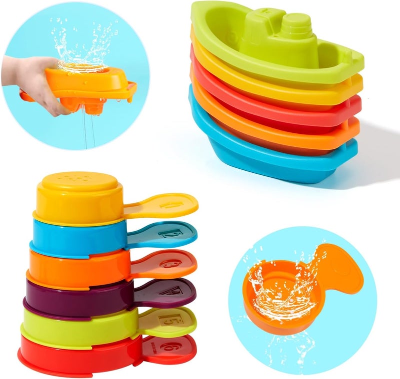 AMCHSURI Baby Bath Toys for Kids Ages 1-3, 11PCS Mold Free Bath Toys for Toddlers with Floating Boats and Spoons, Baby & Toddler Bathtub Water Table Pool Sand Play Toys for Christmas Stocking Stuffers - Image 1