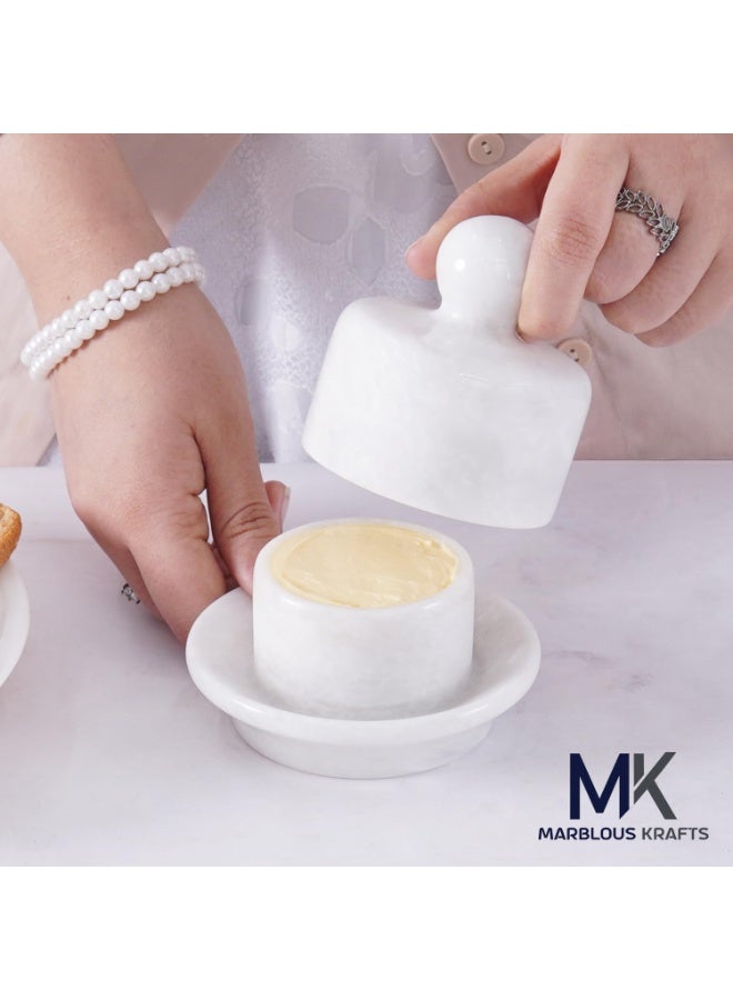 MK White Marble Butter Dish with Lid | 4" Handmade French Butter Crock for Countertop & Kitchen - Image 2