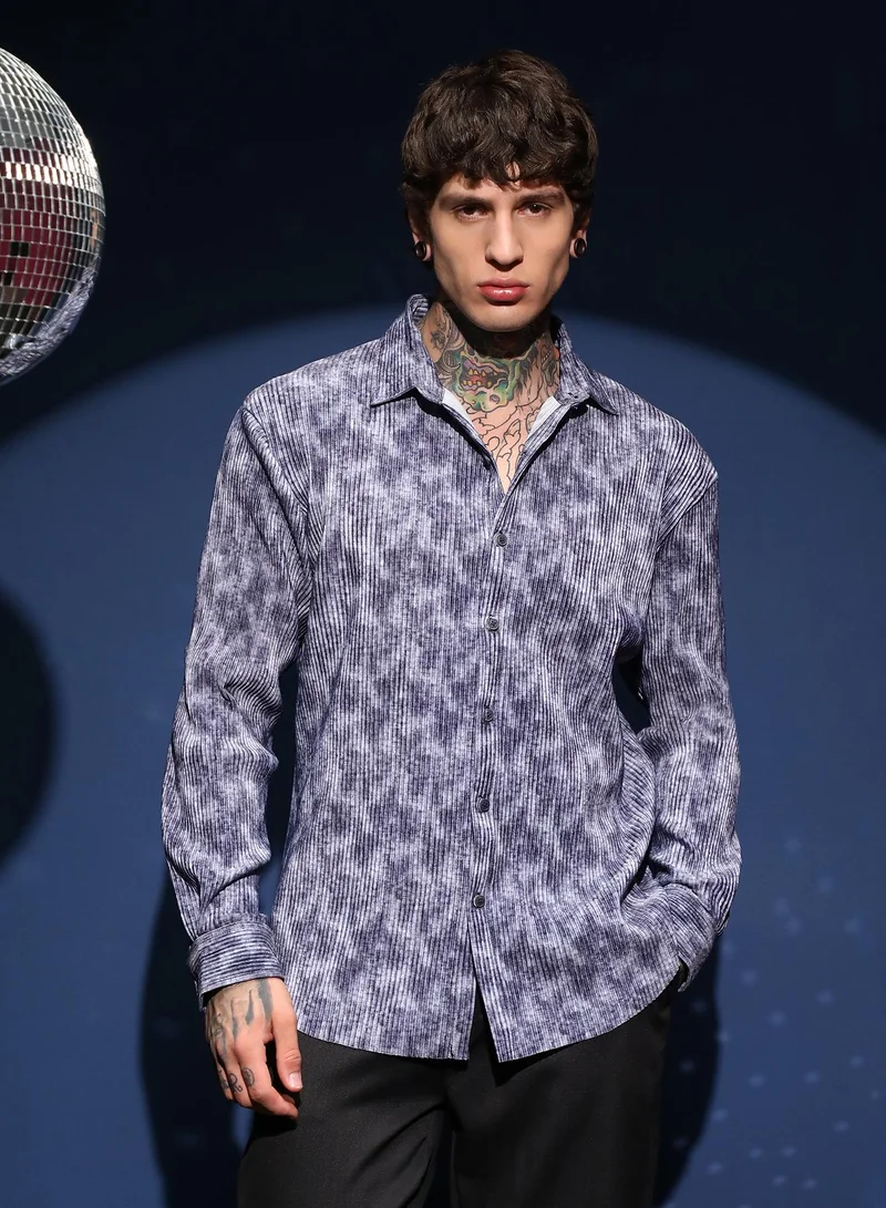 Campus Sutra Men's Indigo Blue Faded Corduroy Relaxed Shirt