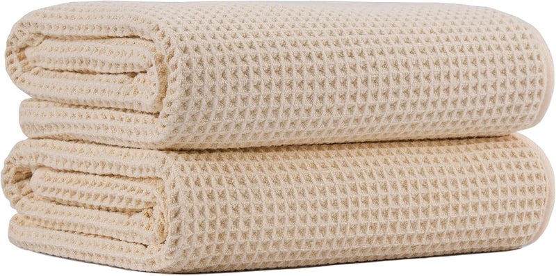 MICROFI New Microfiber Waffle Bath Towels, 2 Pieces, Oversized, Soft, Absorbent, Fast Drying, Lint Free (Champagne) - Image 1