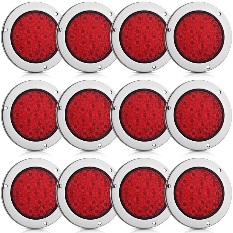 Riakrum 12pcs 4 Inch Round LED Trailer Tail Lights Kit 12 Red Round 16 LED Stop Turn Tail Backup Reverse Trailer Lights for Truck RV Flat Bed Camper - Image 1