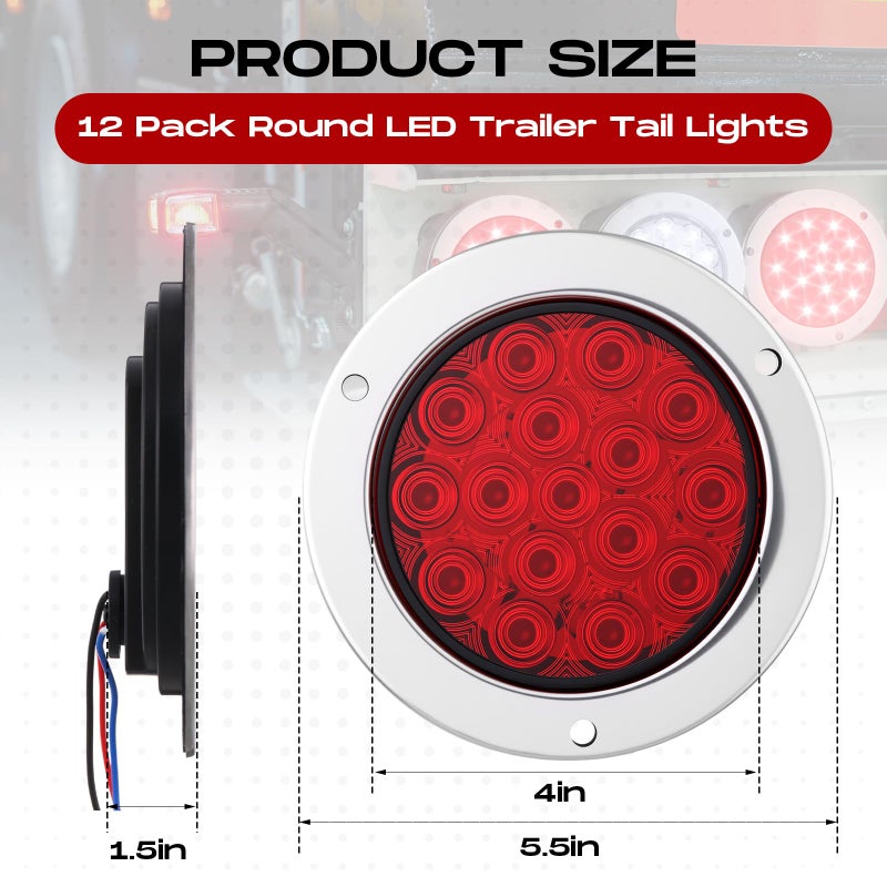 Riakrum 12pcs 4 Inch Round LED Trailer Tail Lights Kit 12 Red Round 16 LED Stop Turn Tail Backup Reverse Trailer Lights for Truck RV Flat Bed Camper - Image 2