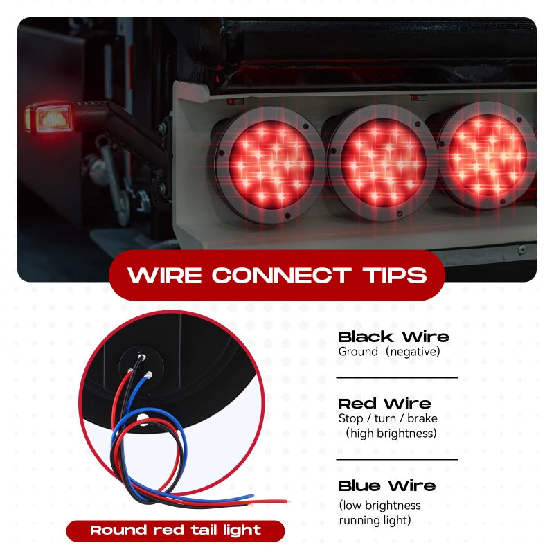 Riakrum 12pcs 4 Inch Round LED Trailer Tail Lights Kit 12 Red Round 16 LED Stop Turn Tail Backup Reverse Trailer Lights for Truck RV Flat Bed Camper - Image 3