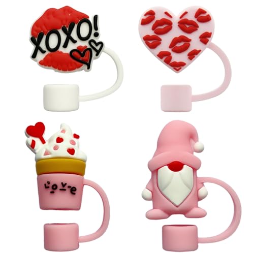 LYLYNB Silicone Heart Shape Lip Dwarf Designs 10mm 0.4in Reusable Straw Toppers, Cute Pink Straw Lids Protectors, 4Pcs - Image 1